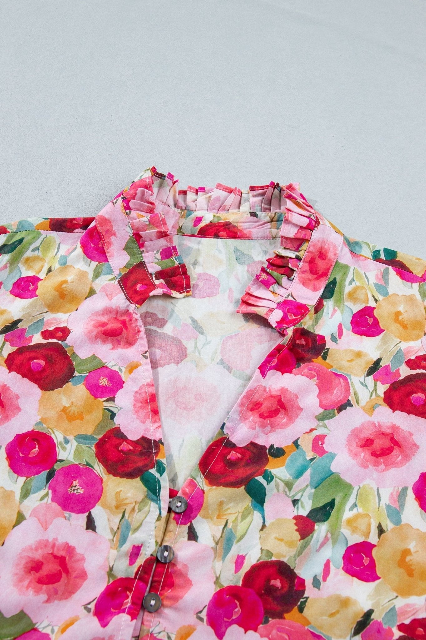 Pink Plus Size Flower Print Split V Neck Puff Short Sleeve Top - Loving It Shop