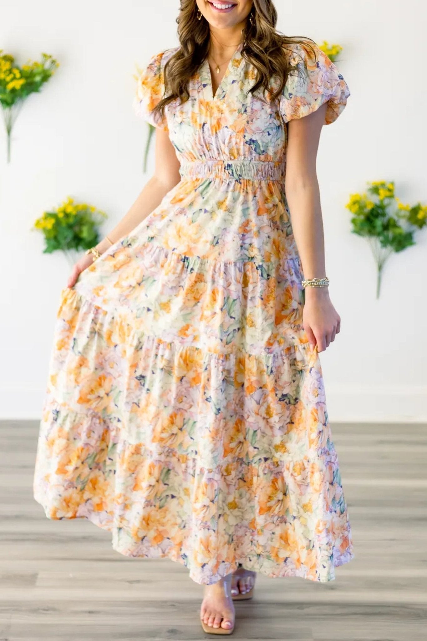 Orange Floral Bubble Sleeve V Neck Flared Maxi Dress - Loving It Shop