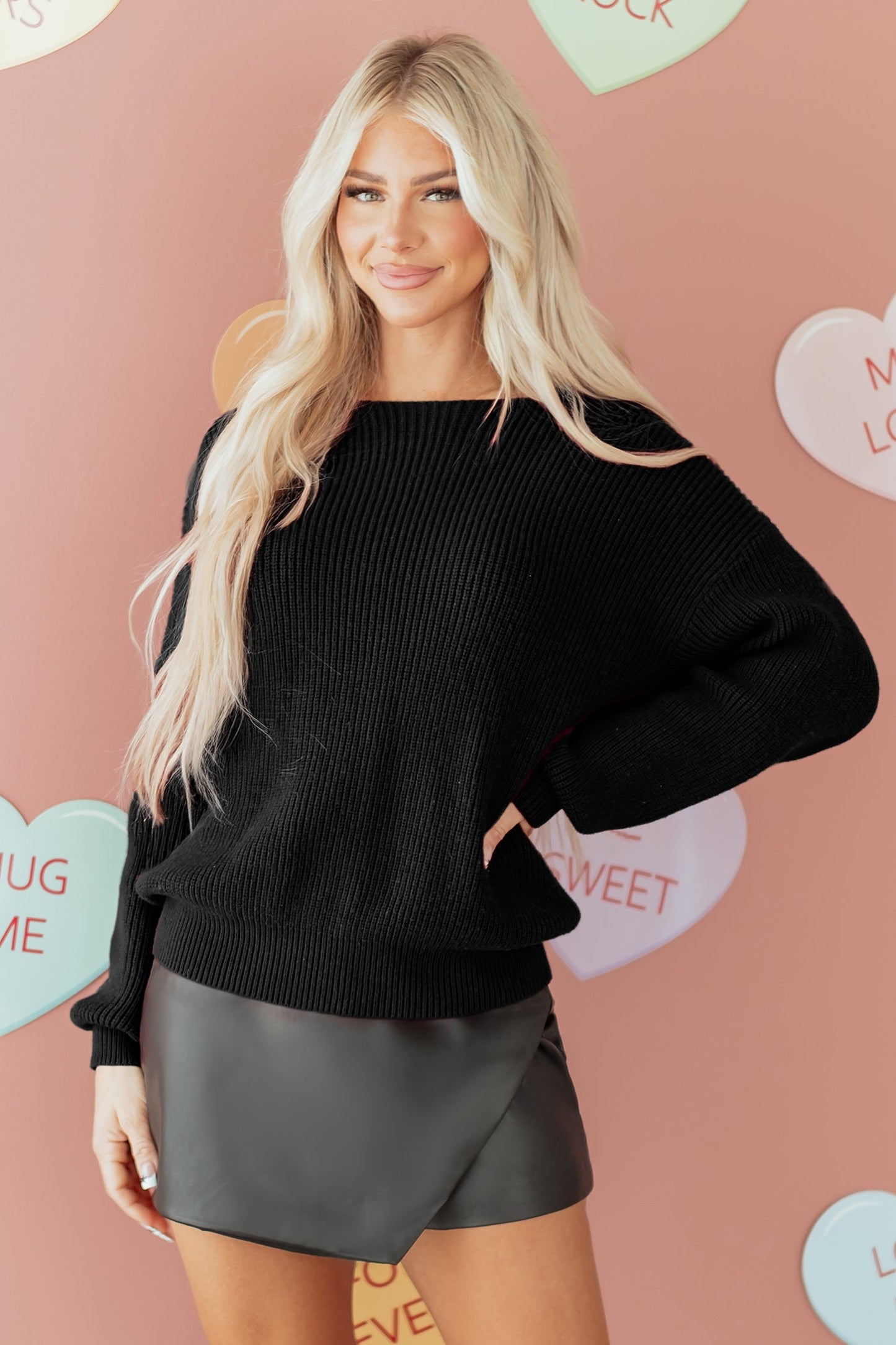 Black Ribbed Knit Ribbon Knot Backless Drop Shoulder Sweater