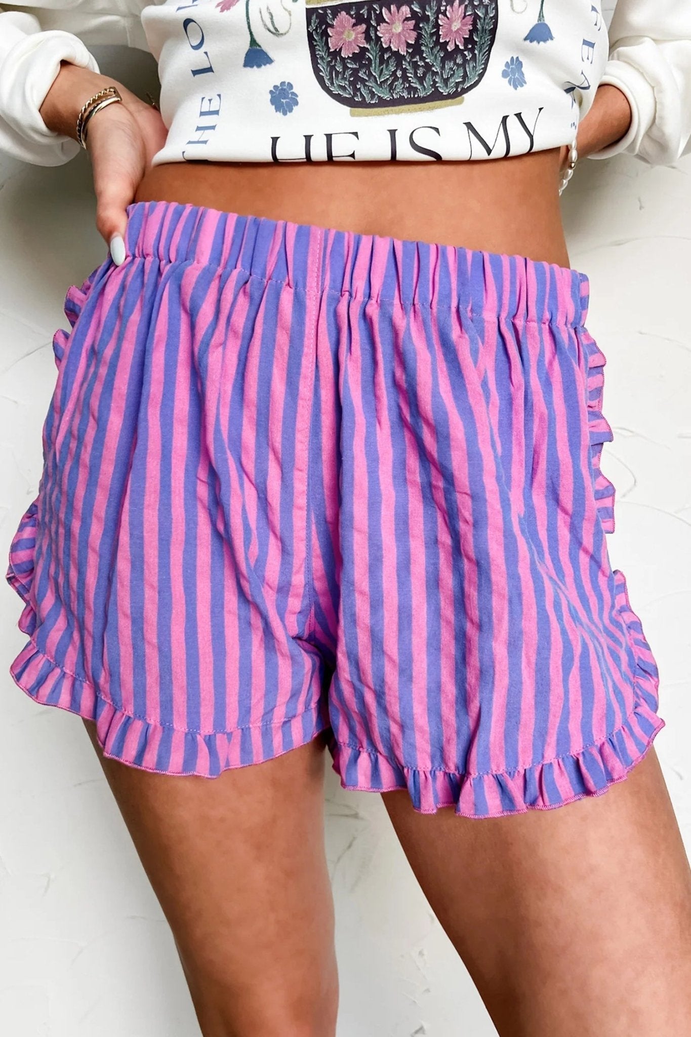 Rose Stripe Elastic Waist Ruffle Trim Casual Shorts - Loving It Shop