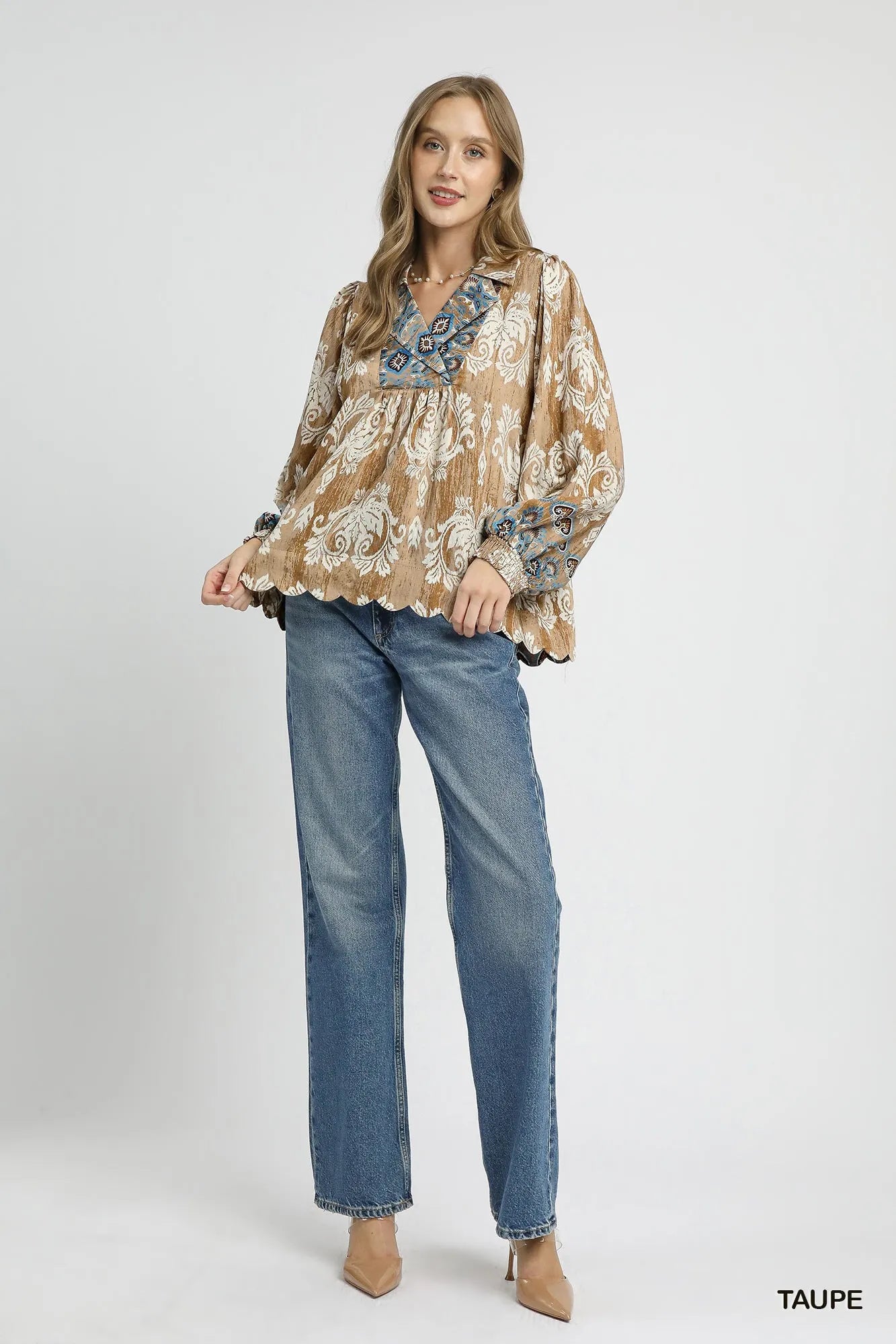 Floral Boho Blouse with Scalloped Hem
