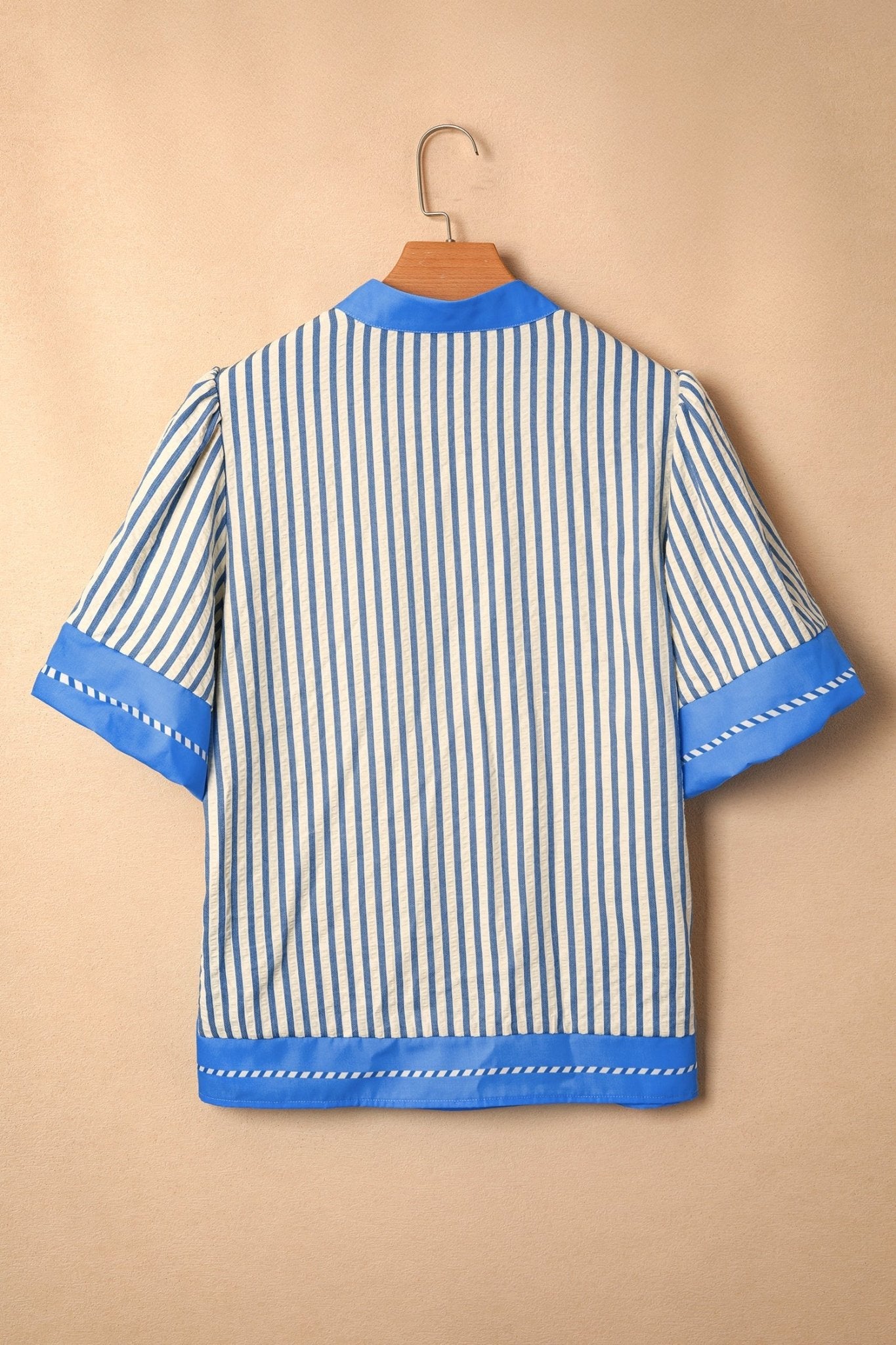 Sky Blue Stripe Color Block Detail V Neck Short Sleeve Blouse - Loving It Shop