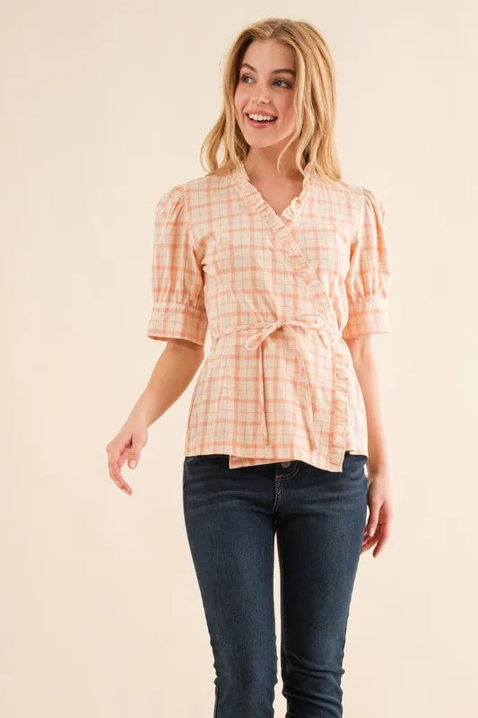 Plaid Patterned and Ruffled Wrap Blouse Top