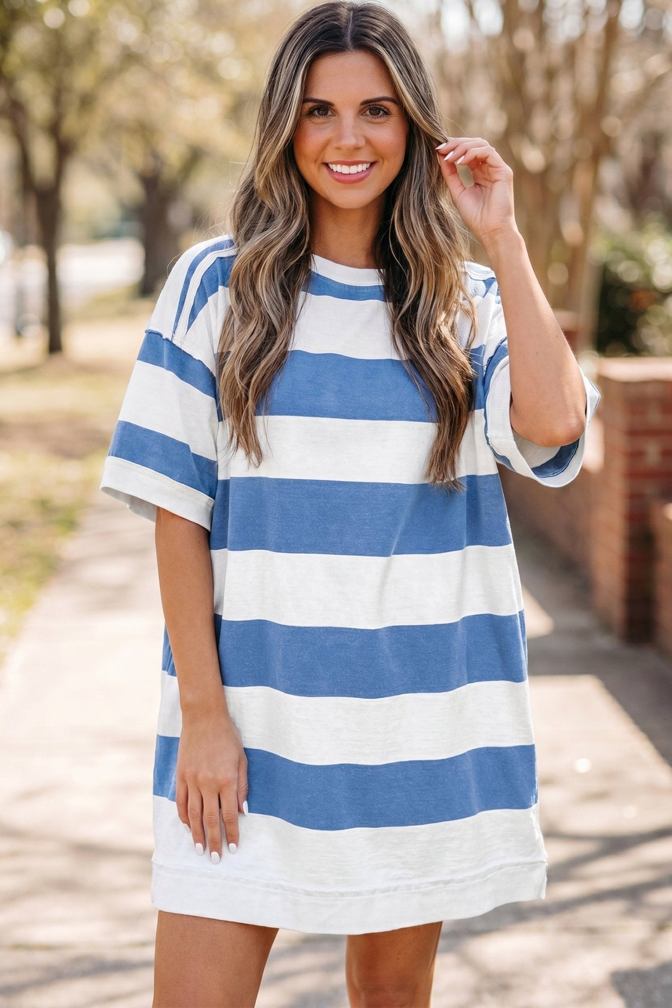 Blue Stripe Raw Seam Shoulder Detail Casual Tee Dress - Loving It Shop