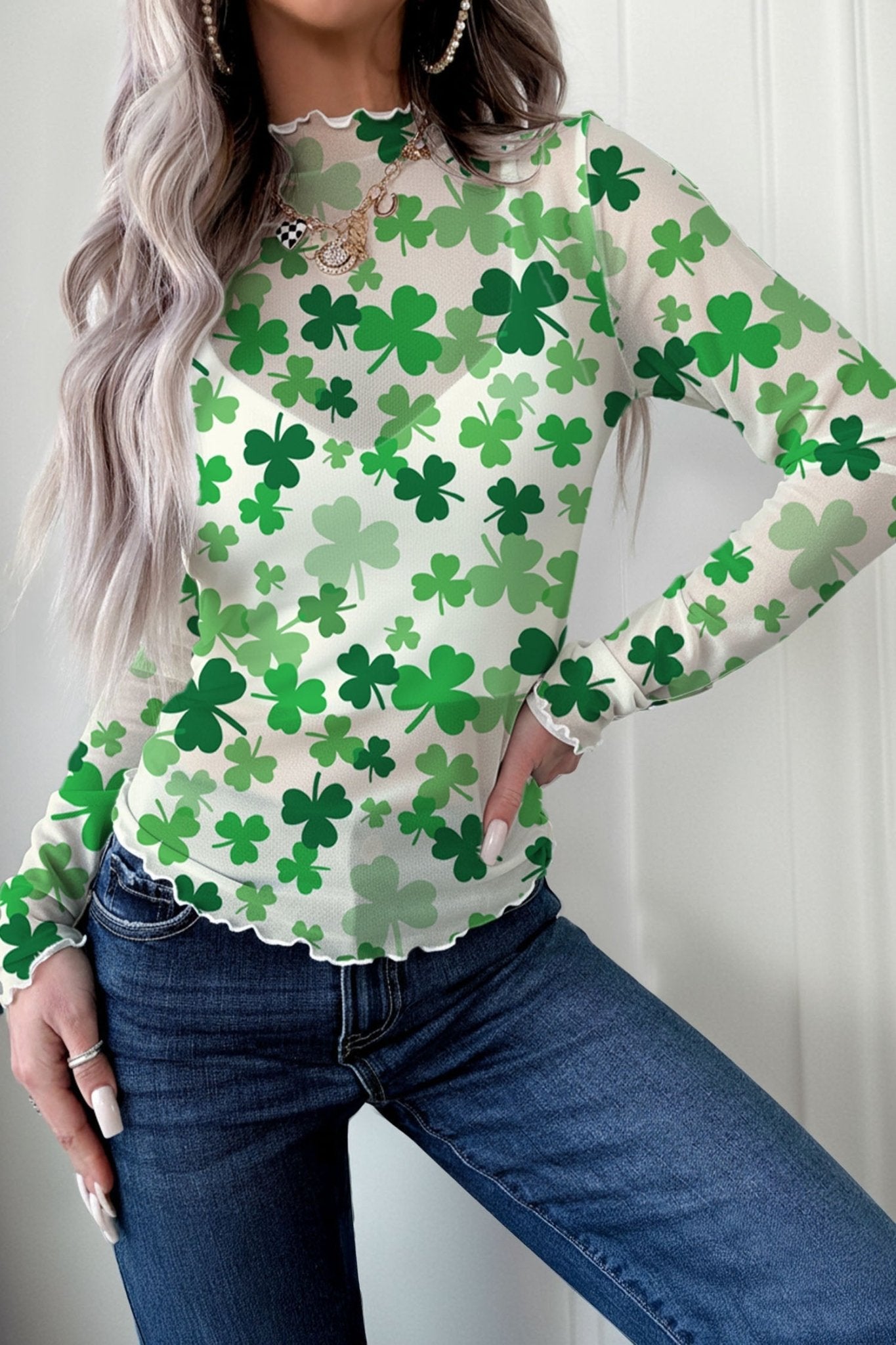 Green Lucky Shamrock Lettuce Trim High Neck Mesh Long Sleeve Top - Loving It Shop