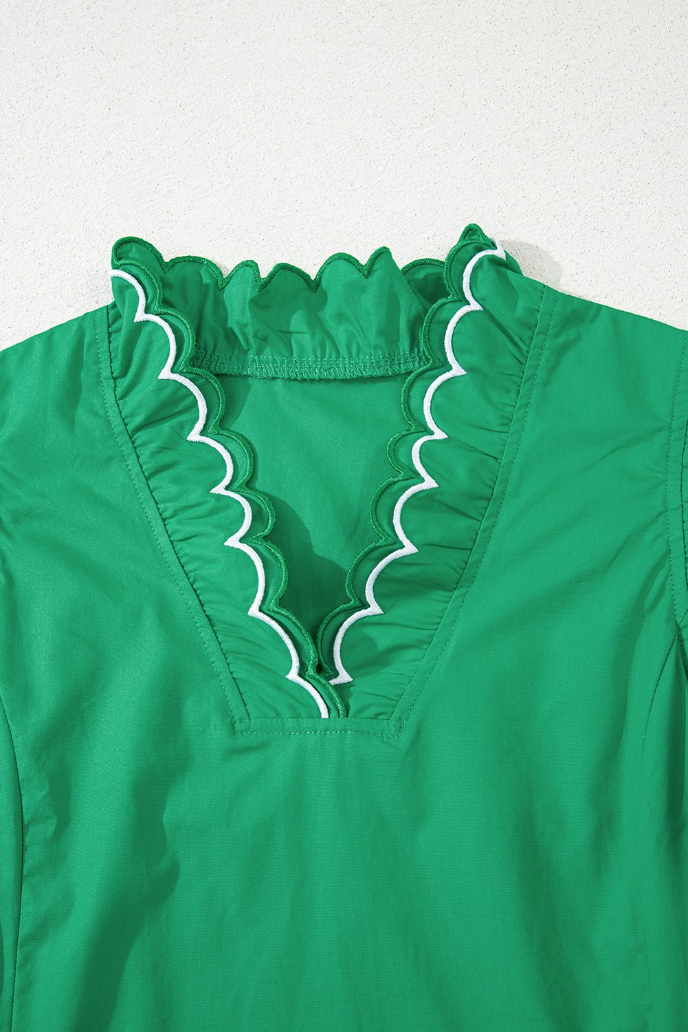 Bright Green Contrast Scallop Trim Layered Short Sleeve V Neck Blouse - Loving It Shop