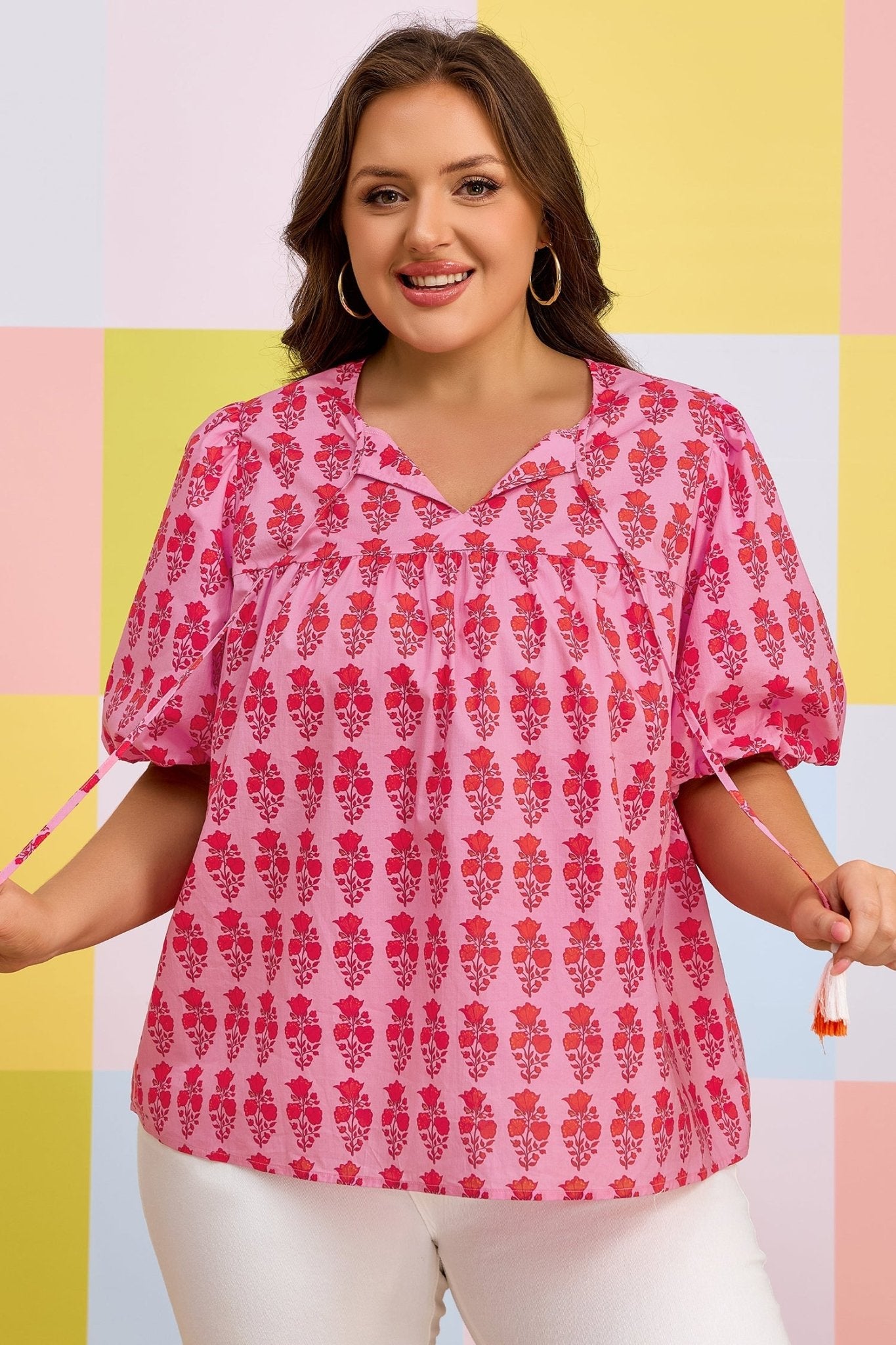 Pink Plus Size Floral Print Tassel Tie Puff Sleeve Cotton Blouse - Loving It Shop