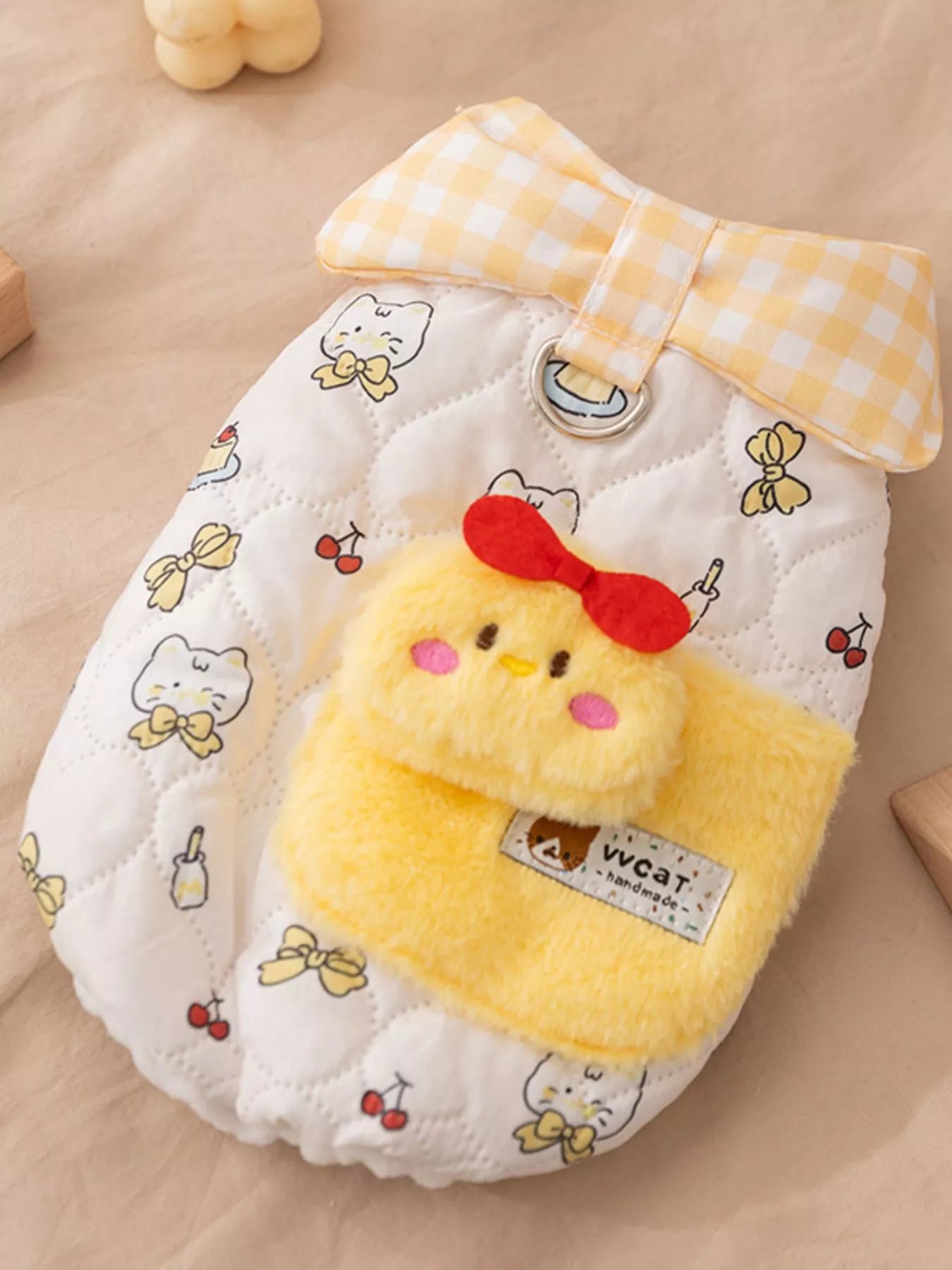 Cute Cartoon Print Padded Pet Jacket with Gingham Collar - Loving It Shop