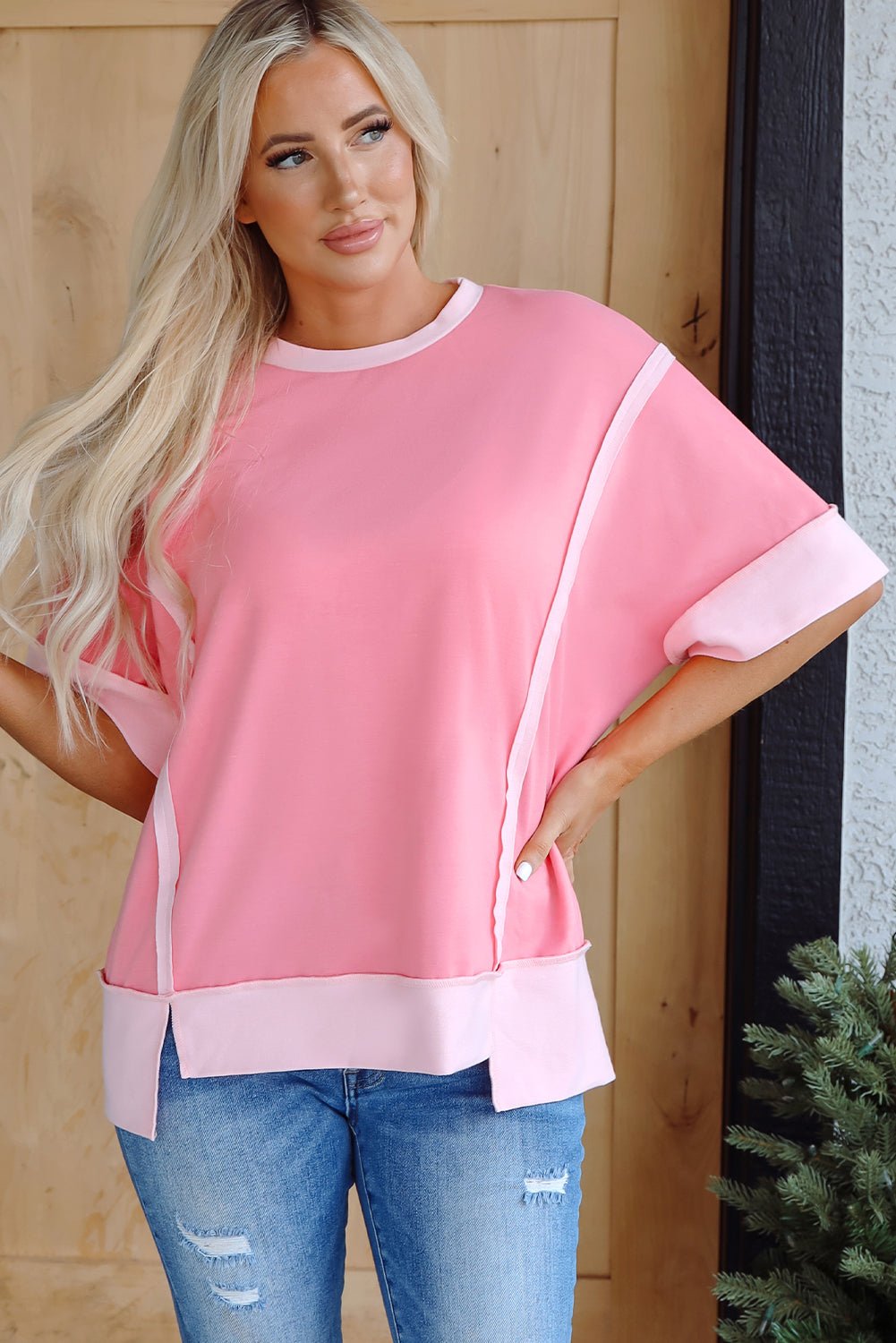Peach Blossom Half Sleeve Raw Seam High Low Side Split Top - Loving It Shop