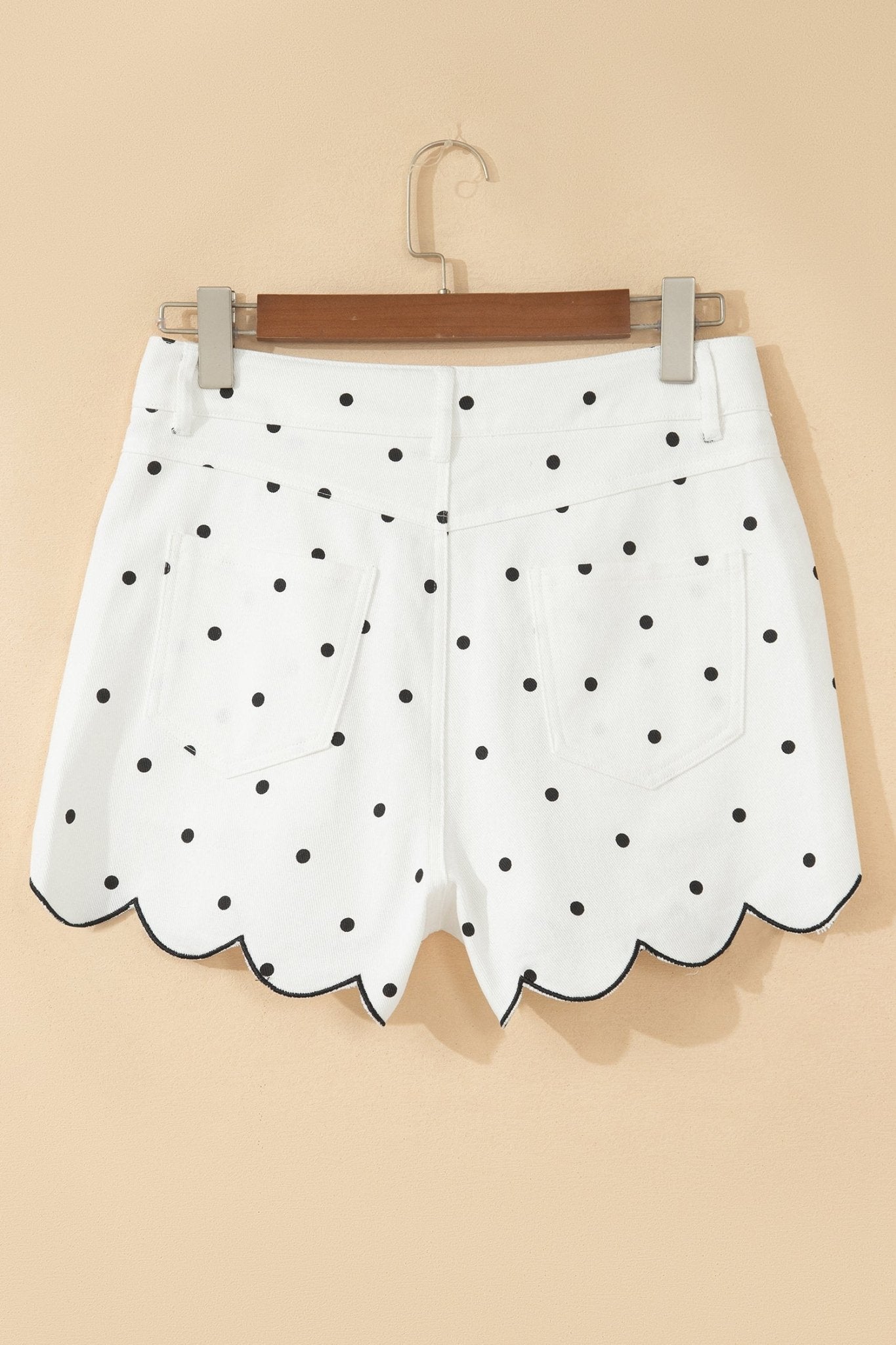 White Polka Dot Print Embroidered Scallop Hem Shorts - Loving It Shop