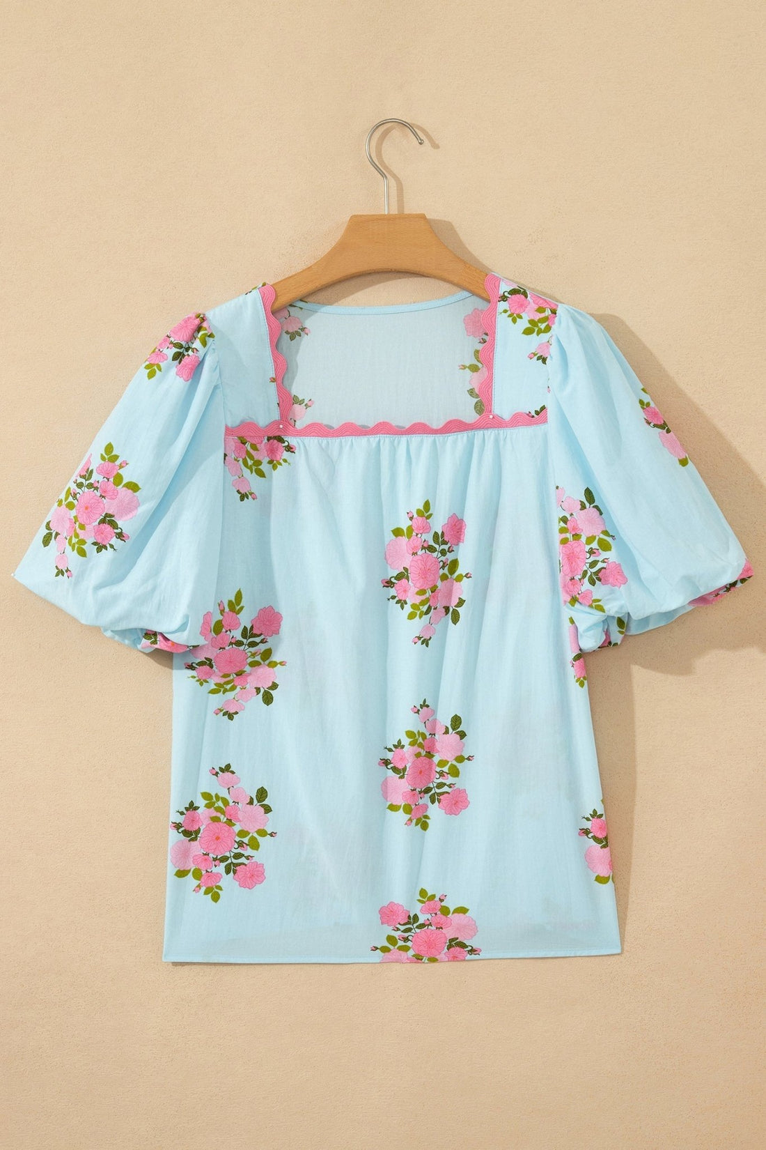 Sky Blue Floral Printed Contrast Ricrac Detail Bubble Sleeve Blouse - Loving It Shop