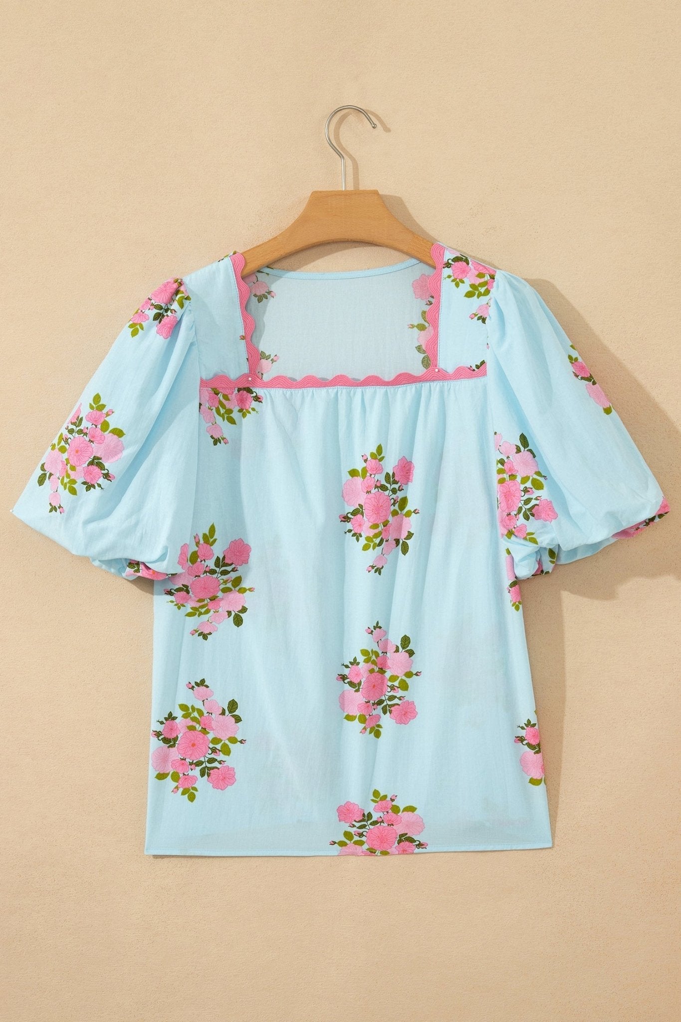 Sky Blue Floral Printed Contrast Ricrac Detail Bubble Sleeve Blouse - Loving It Shop