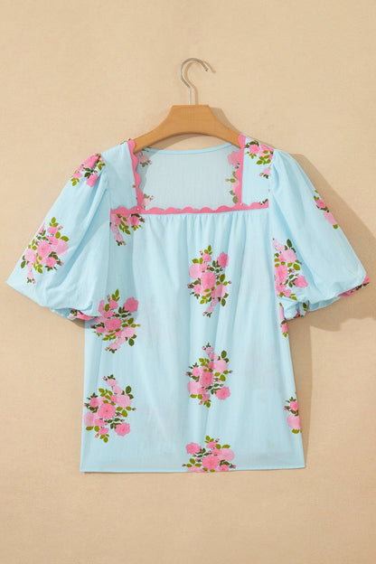 Sky Blue Floral Printed Contrast Ricrac Detail Bubble Sleeve Blouse - Loving It Shop