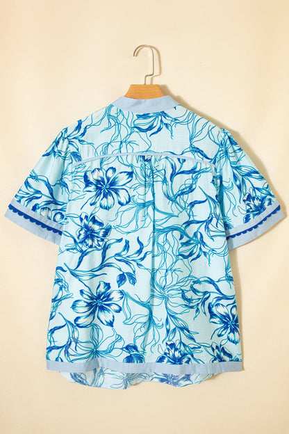 Sky Blue Plus Size Scalloped Trim Floral Short Sleeve Blouse