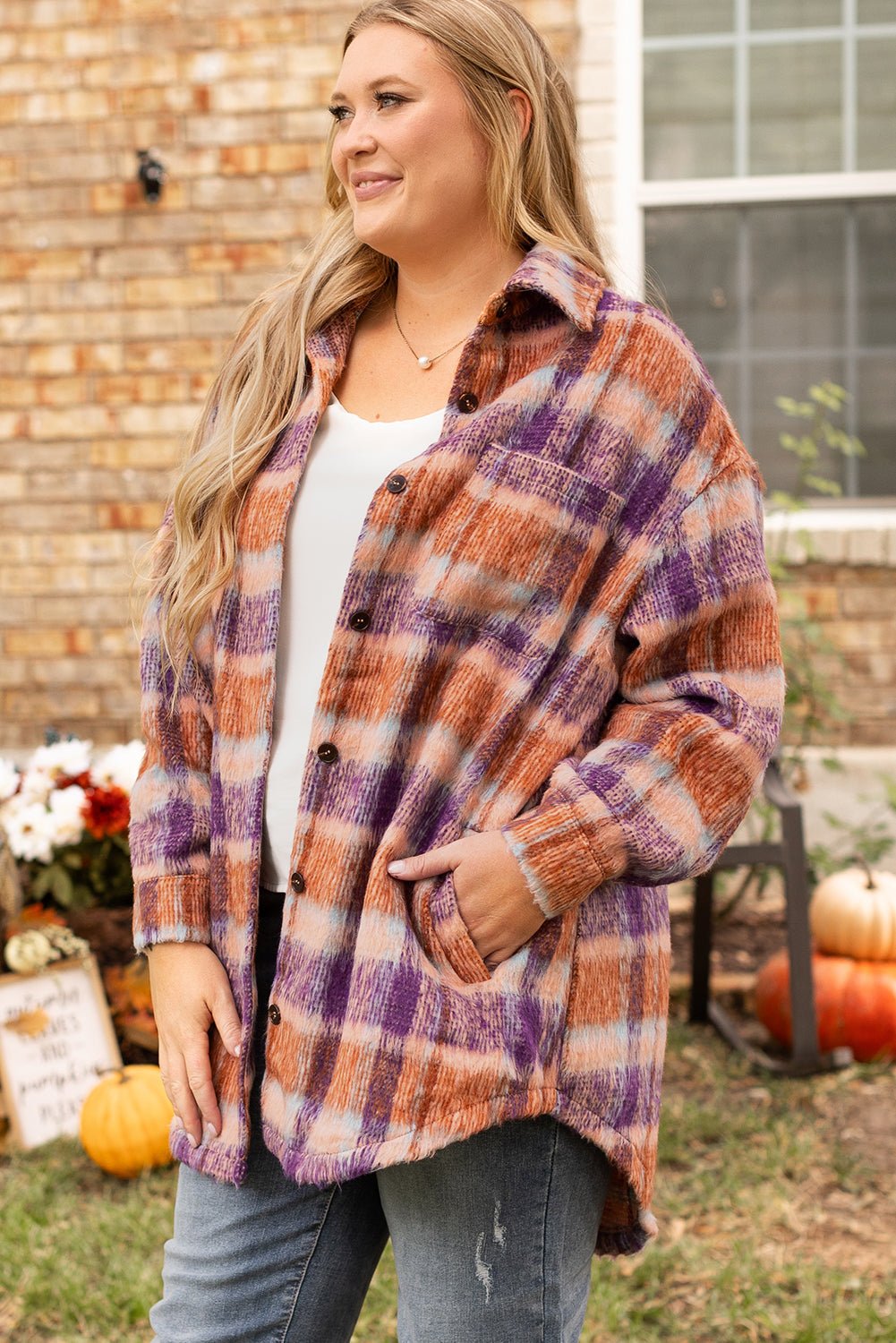 Multicolour Plus Size Plaid Print Collared Button up Jacket - Loving It Shop