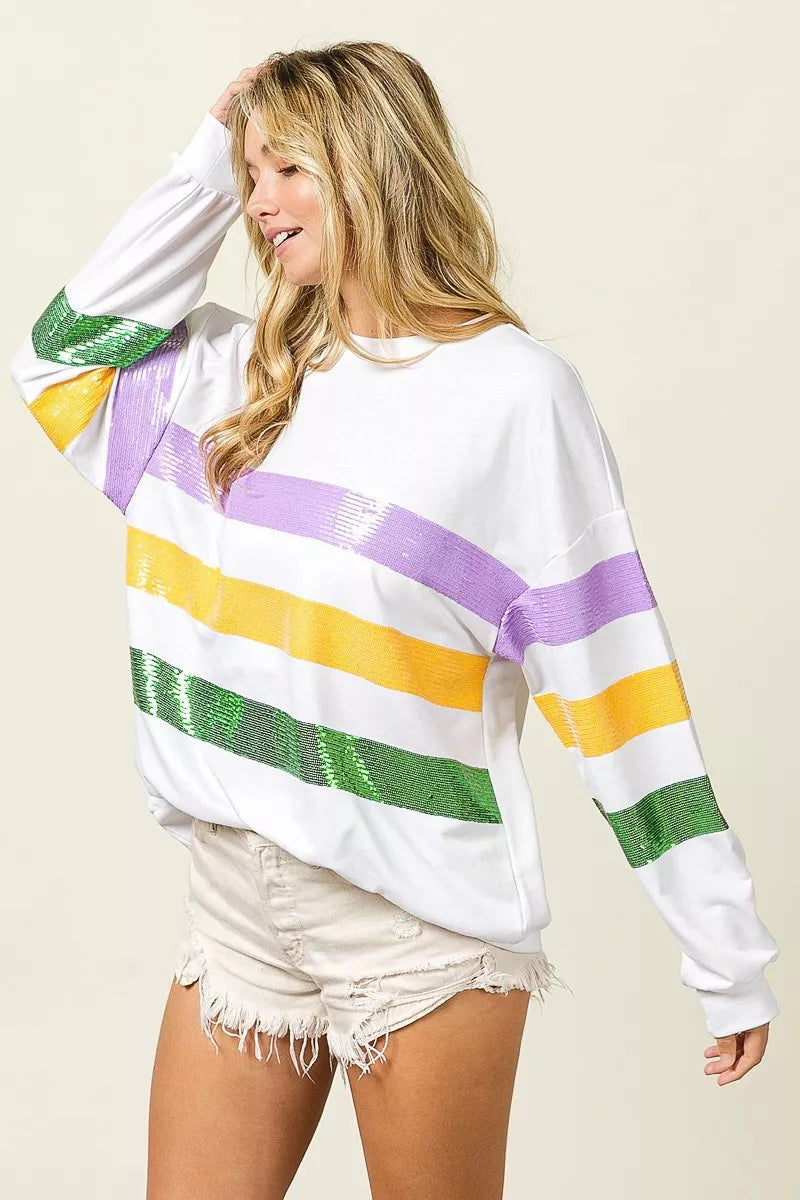 Sequin Mardi Gras Striped Round Neck Sweatshirt