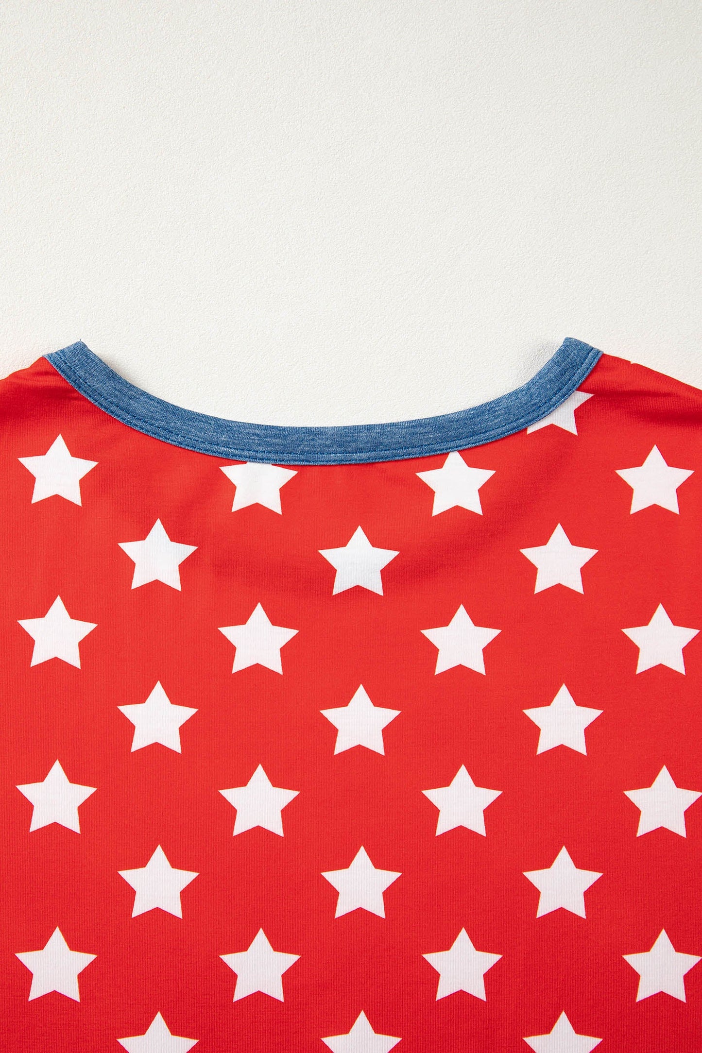 Red Stars Print Colorblock Binding Tape Collar Cuff Viscose Tunic Top