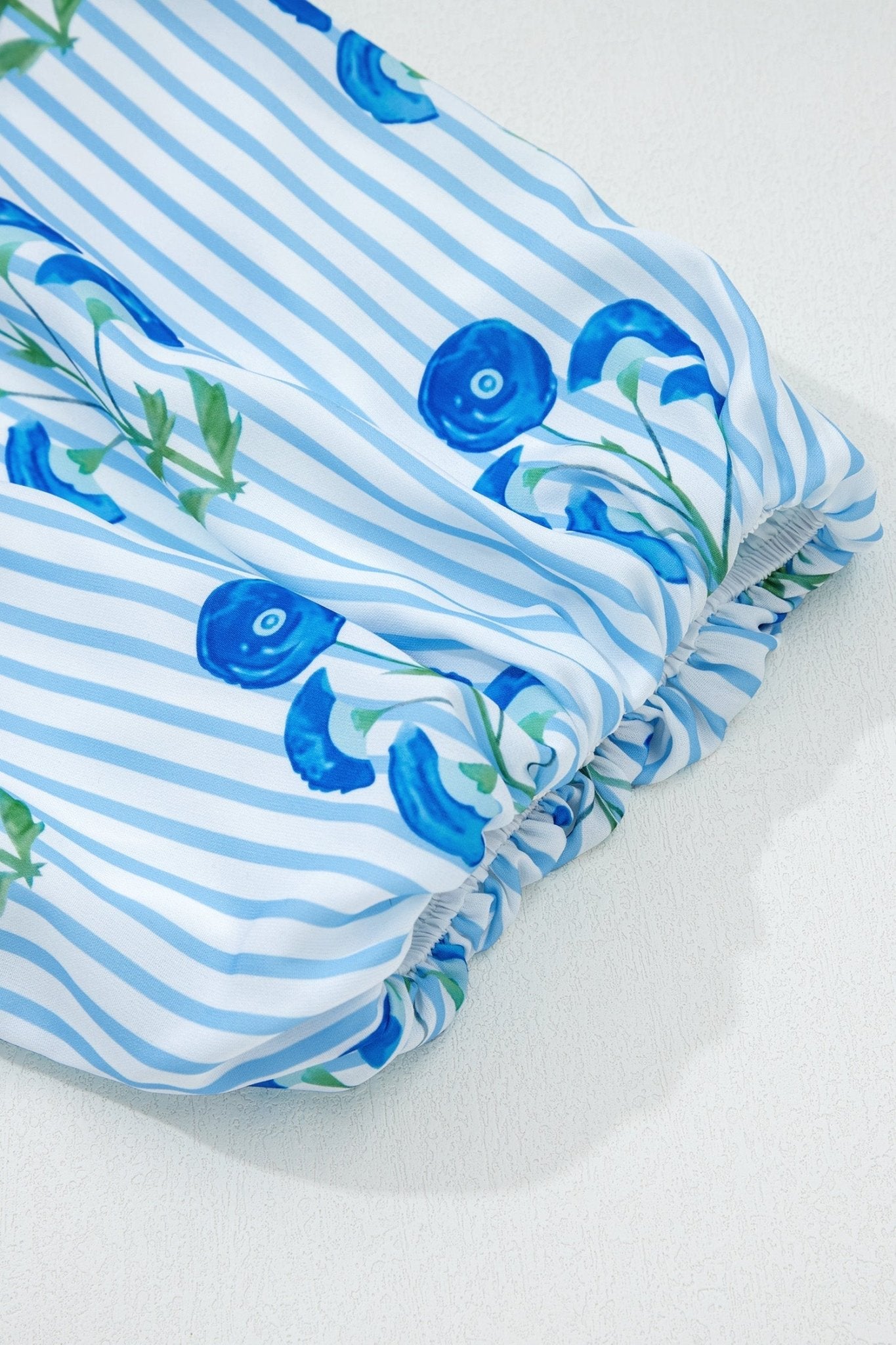 Sky Blue Floral Striped Print Tie Notched Neck Puff Sleeve Flared Mini Dress - Loving It Shop