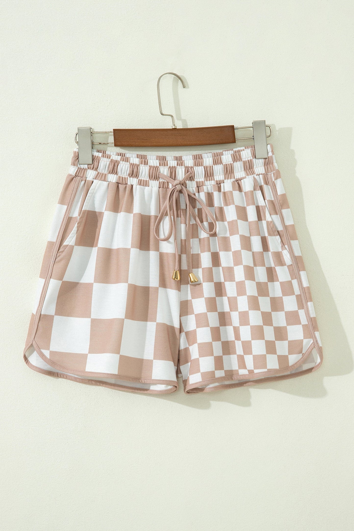 Khaki Double Checkered Print Beaded Drawstring Casual Shorts