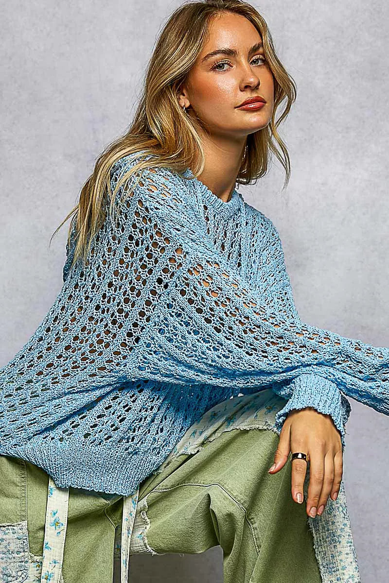 Openwork Round Neck High Low Knit Top