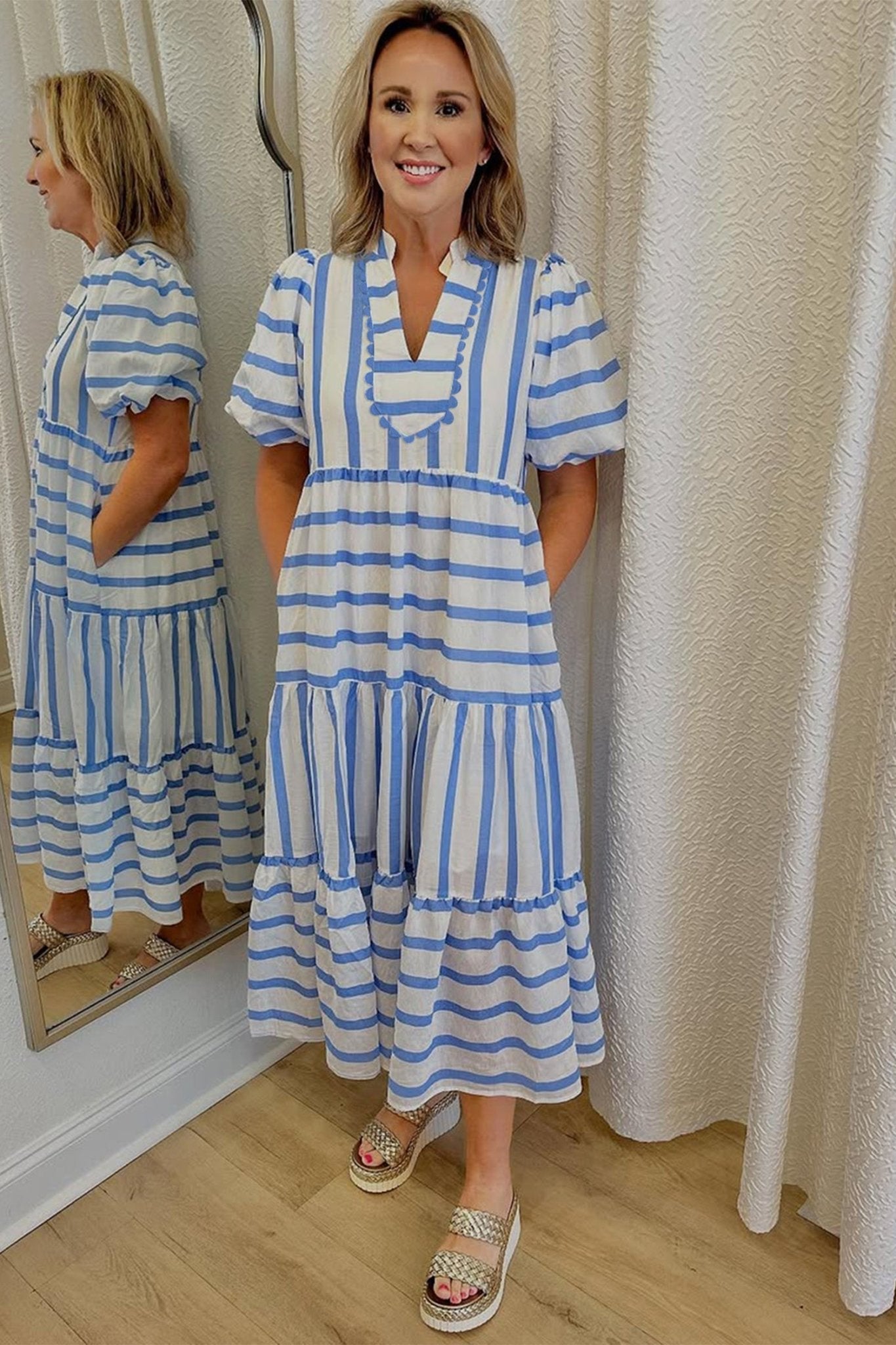 Sky Blue Stripe Ricrac Trim Notched Neck Half Sleeve Vacation Dress - Loving It Shop