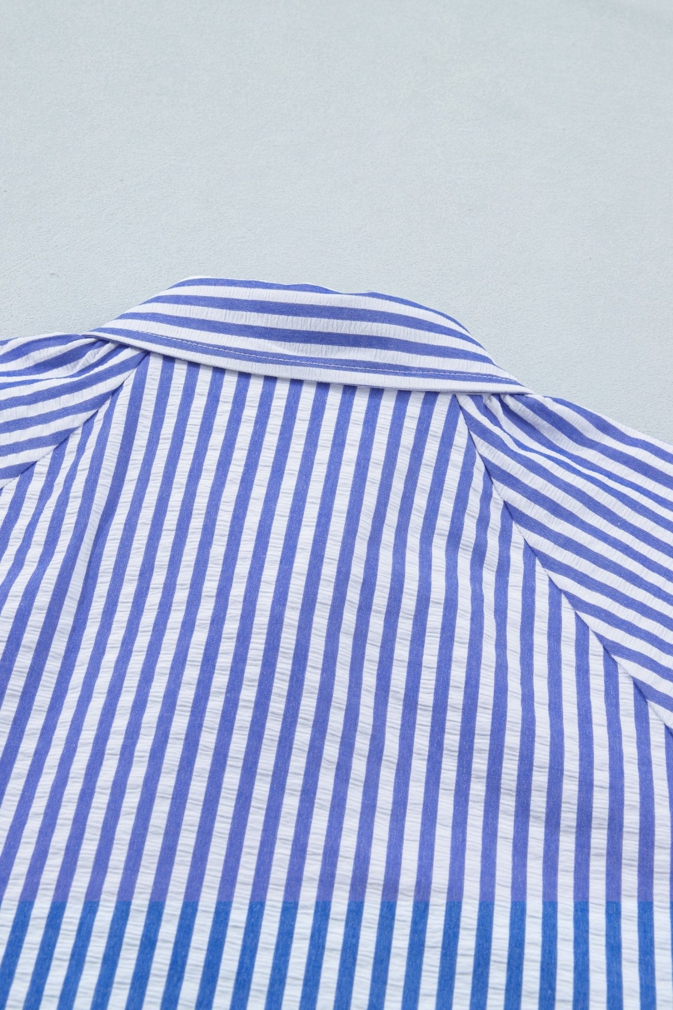 Sky Blue Stripe Lily Floral Embroidered Puff Sleeve Button Down Shirt - Loving It Shop