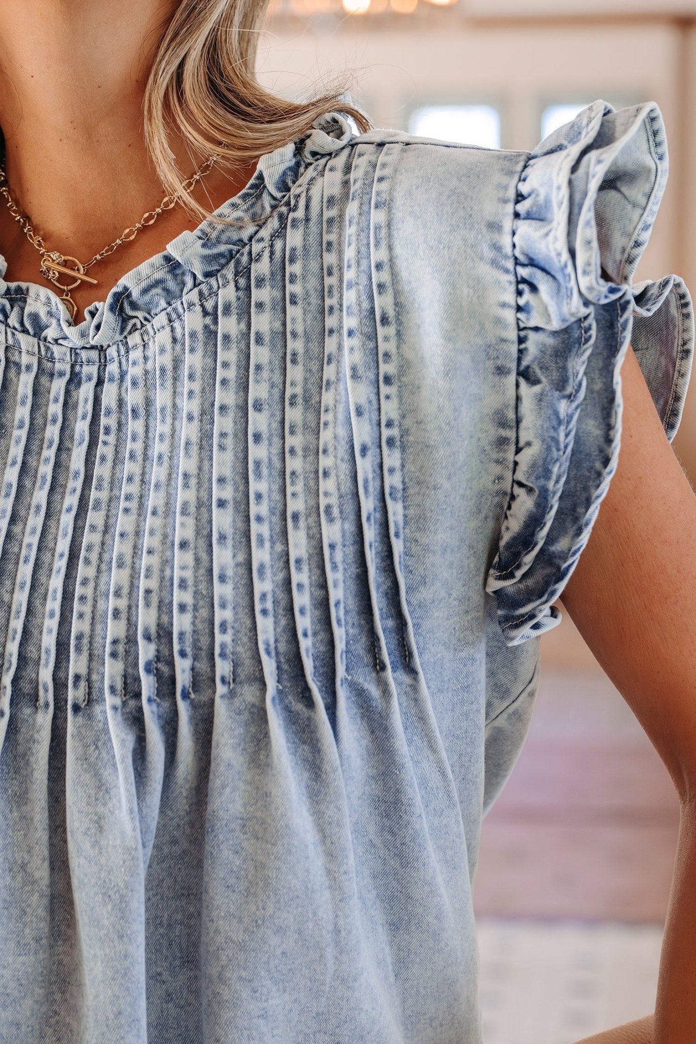 Beau Blue Ruffle Pleated Detail Vintage Washed Denim Top - Loving It Shop