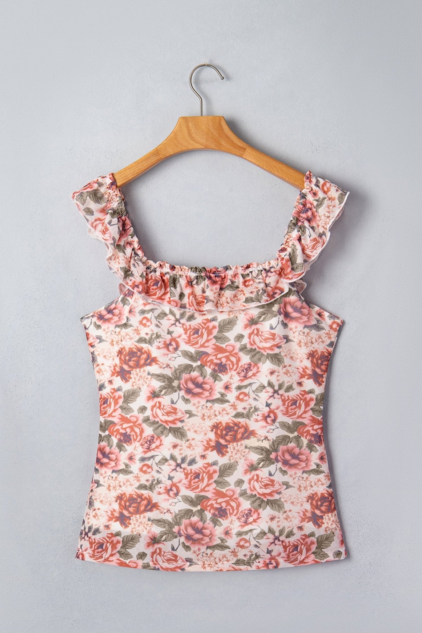 Multicolour Retro Floral Ruffle Trim Square Neck Tank Top - Loving It Shop