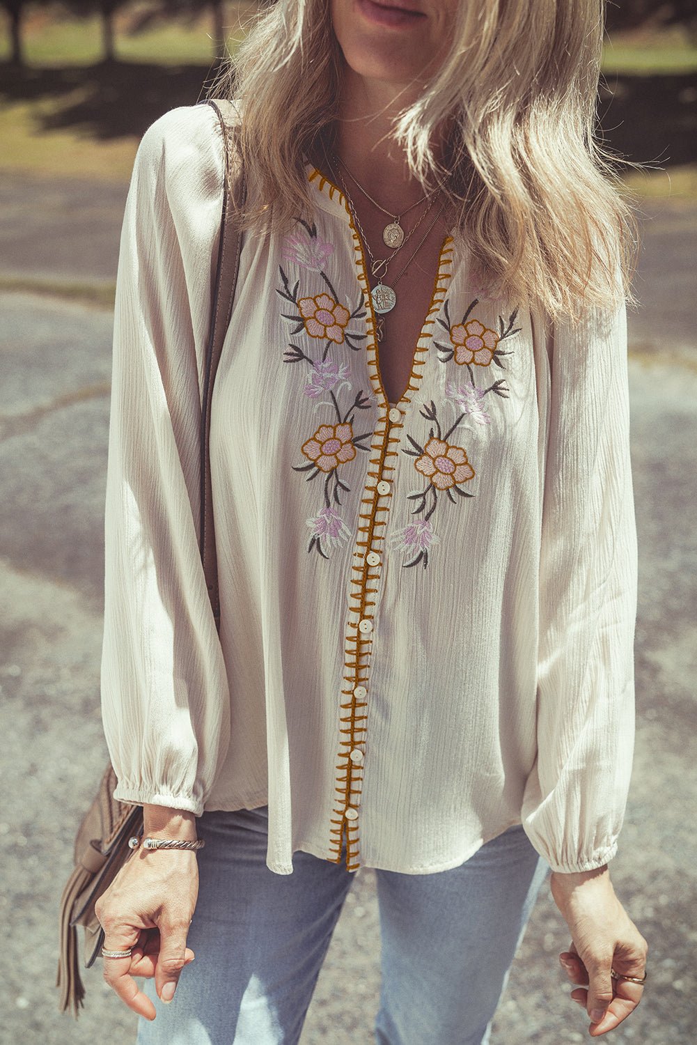 Beige Floral Embroidered Textured Puff Sleeve Loose Shirt - Loving It Shop