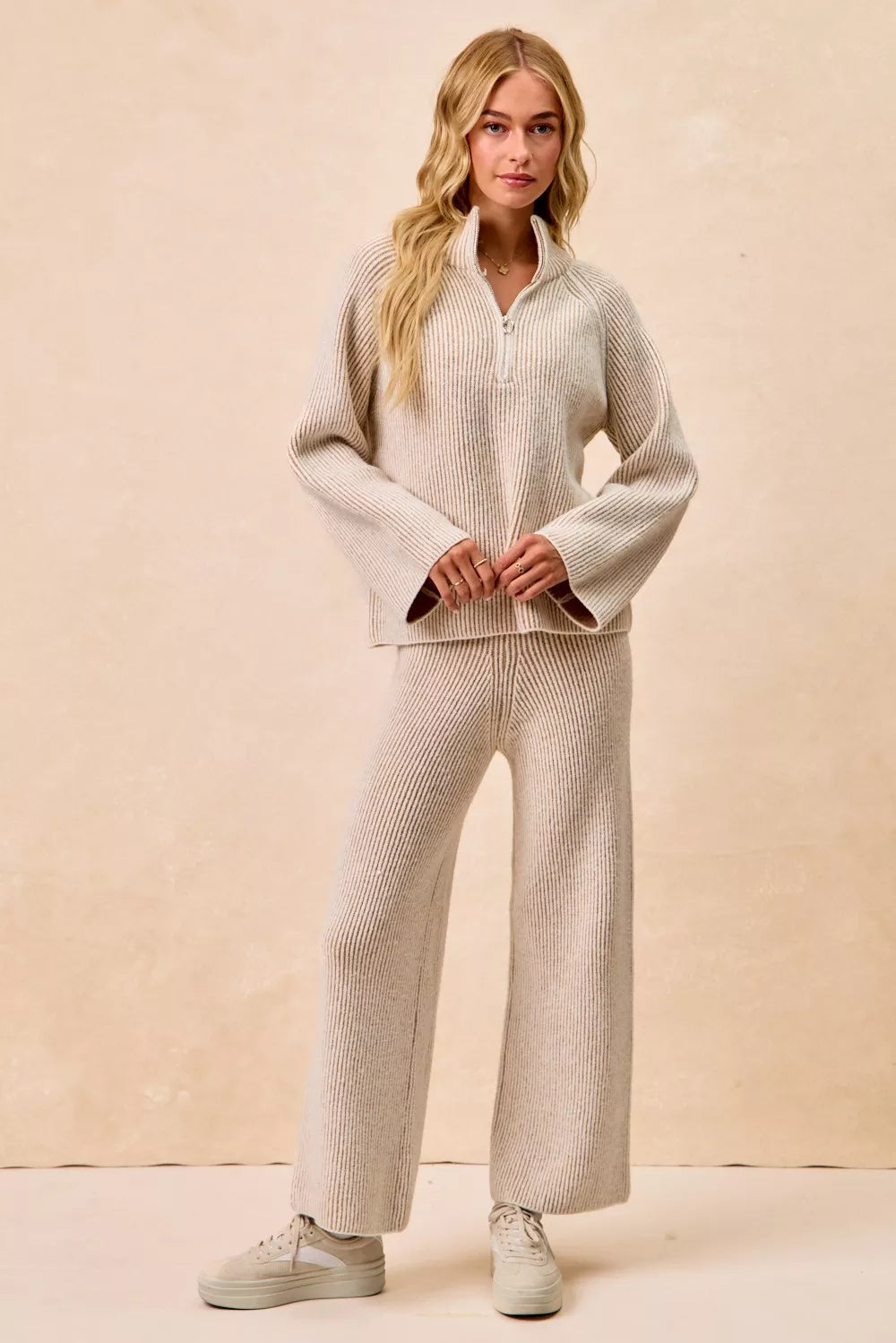 Two Tone Rib Texured Knit Collared Top with Zip Up