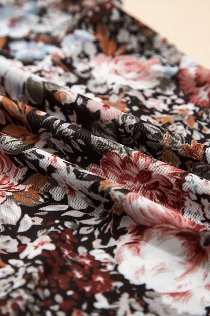 Brown Floral Print High Neck Short Sleeve Mesh Top