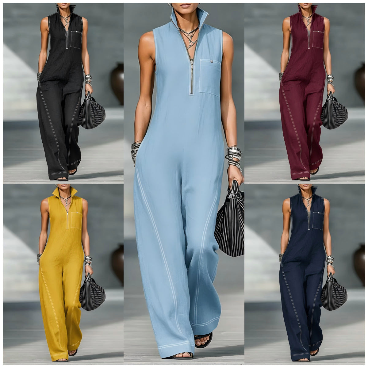 Stand-up Collar Jumpsuit With Pockets Summer Fashion Casual Sleeveless Jumpsuit Trousers Women&