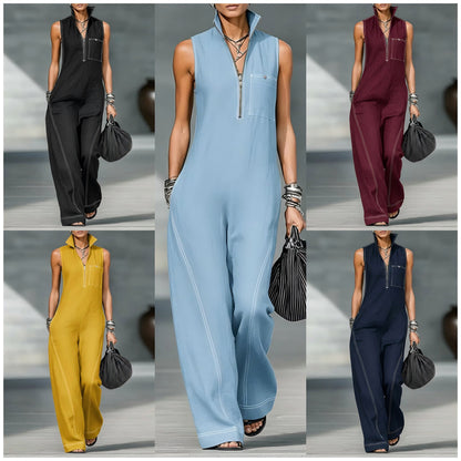 Stand-up Collar Jumpsuit With Pockets Summer Fashion Casual Sleeveless Jumpsuit Trousers Women&