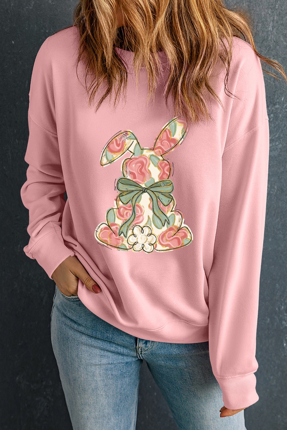 Pink Floral Bow Rabbit Easter Fashion Pullover Sweatshirt - Loving It Shop