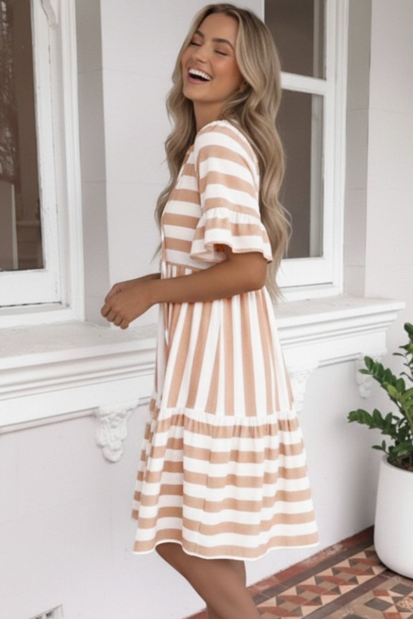 Khaki Stripe Tie V Neck Ruffle Trim Short Sleeve Flared Summer Dress - Loving It Shop