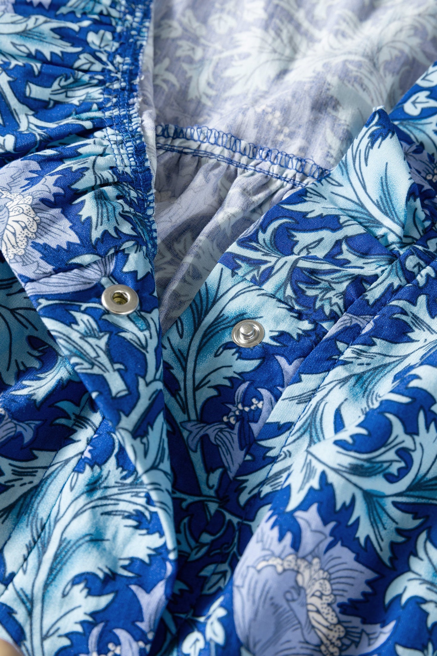 Sky Blue Floral Printed Frilled V Neck Bracelet Sleeve Long Dress
