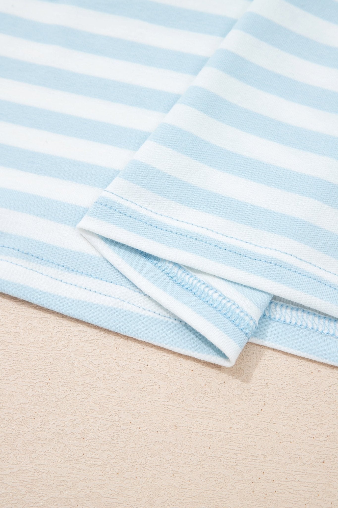 Sky Blue Stripe Contrast Neck Loose Tee and Drawstring Shorts Set - Loving It Shop