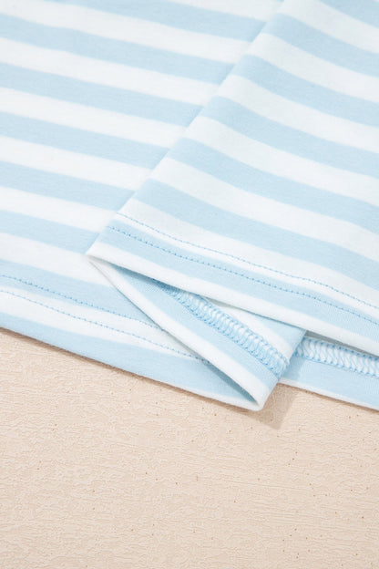 Sky Blue Stripe Contrast Neck Loose Tee and Drawstring Shorts Set - Loving It Shop