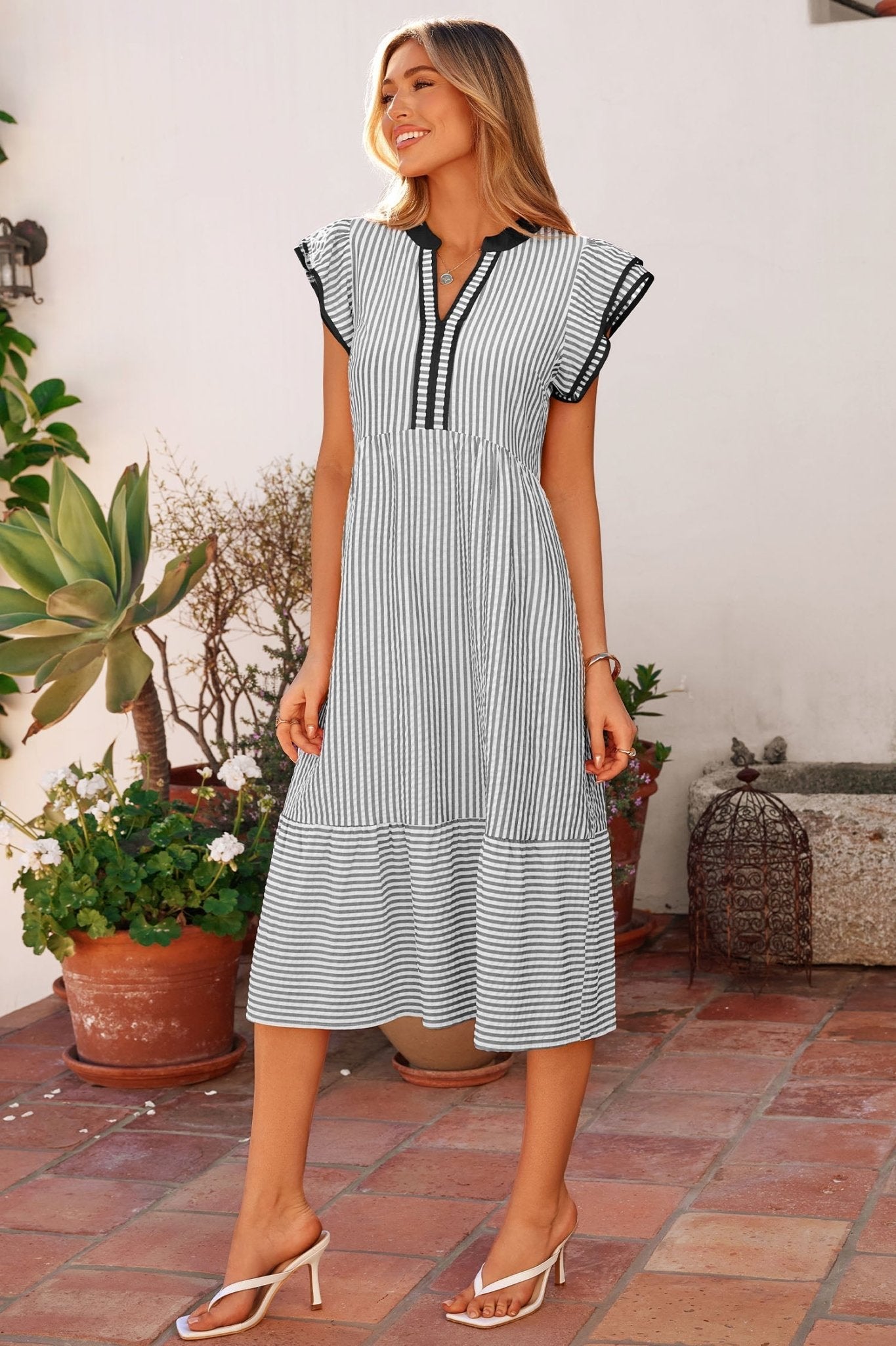 Black Stripe Contrast Trim V Neck Flutter Sleeve Casual Long Dress - Loving It Shop