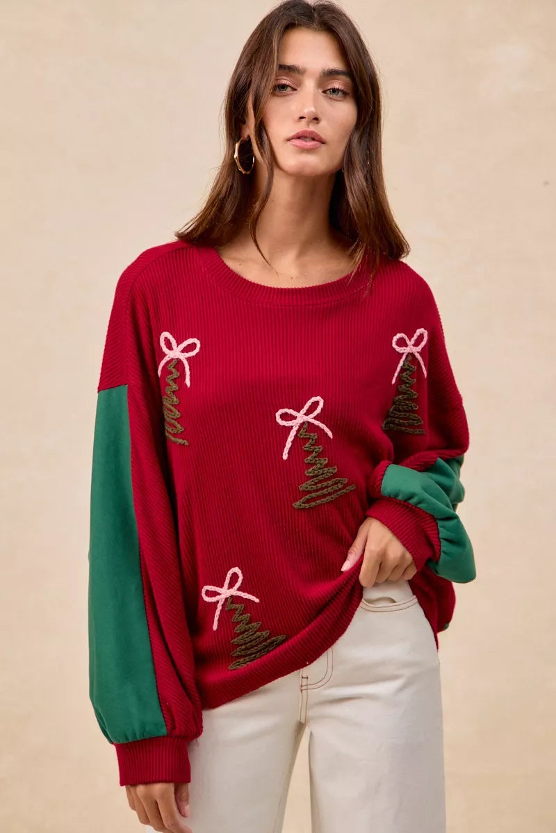 Christmas Theme Tree Embroidered Sweater