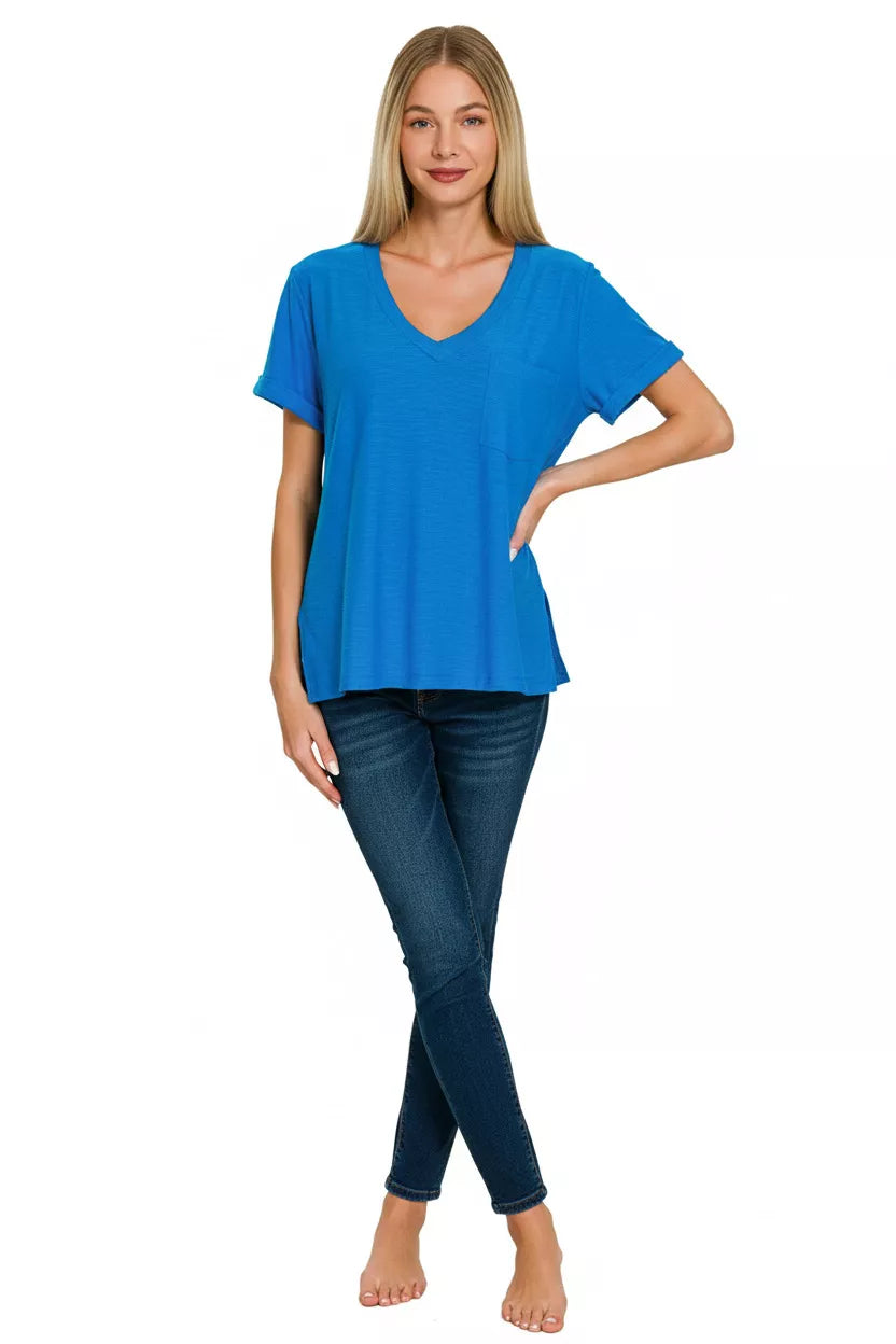 Slub Rolled Short Sleeve V-Neck Tee