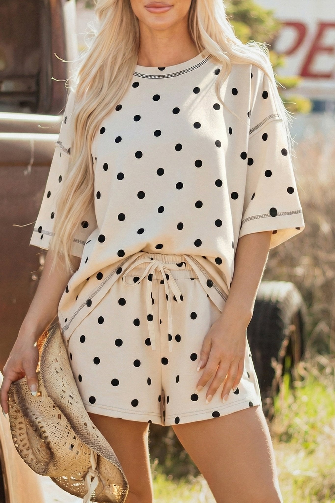 White Exposed Seam Detail Polka Dot Loose Tee Drawstring Shorts Set - Loving It Shop