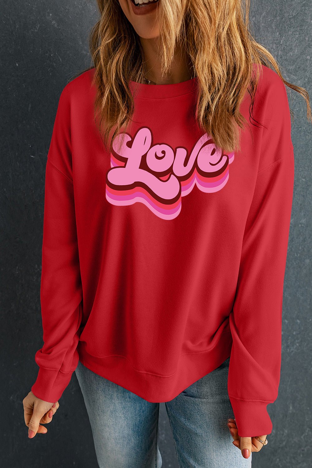 Red Love Printed Crewneck Valentines Pullover Sweatshirt - Loving It Shop