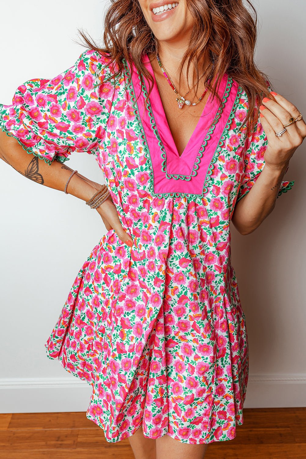 Pink Floral Print V Neck Patchwork Short Bubble Sleeve Mini Dress - Loving It Shop