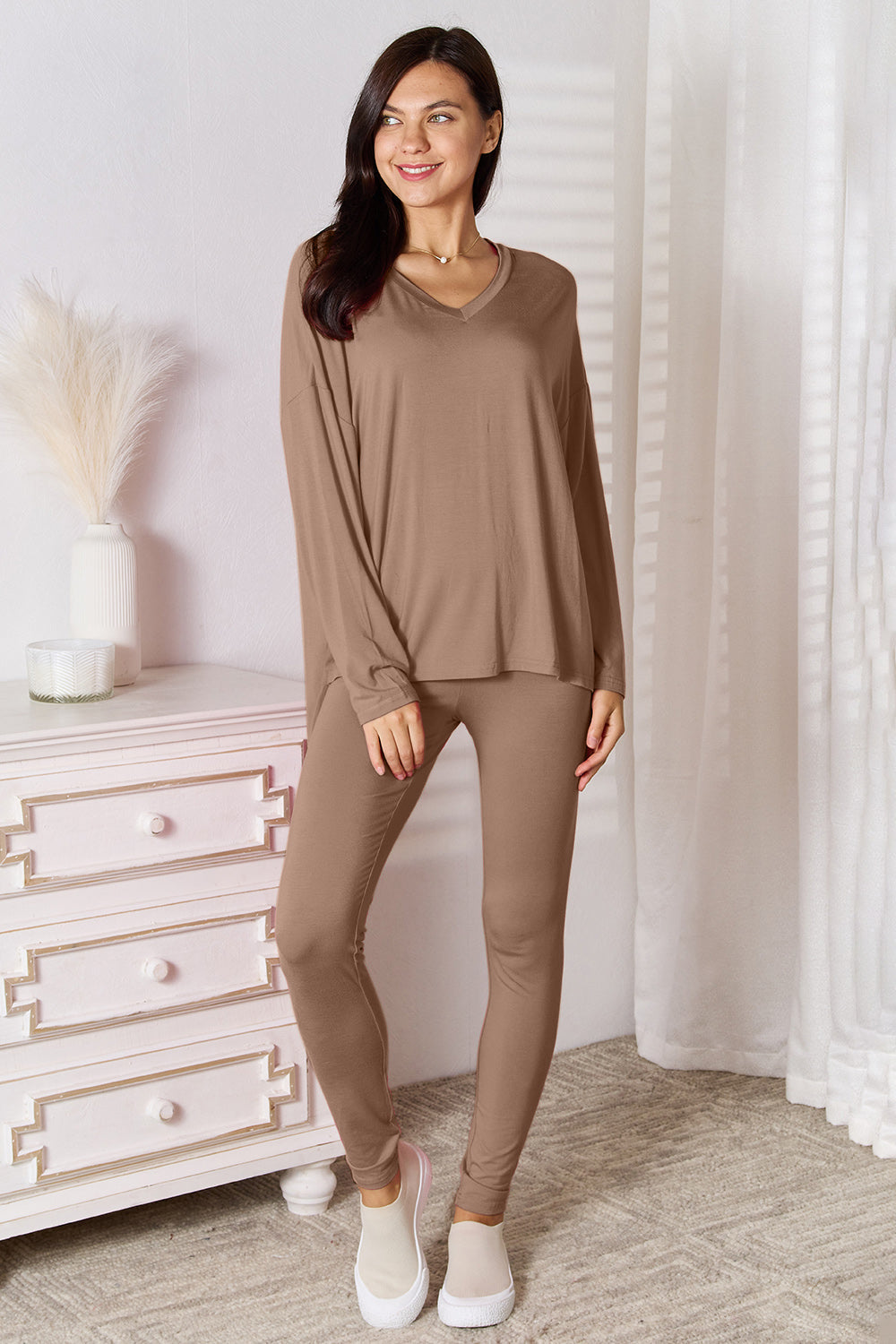I am a Fashion Junky Full Size V-Neck Soft Rayon Long Sleeve Top and Pants Lounge Set