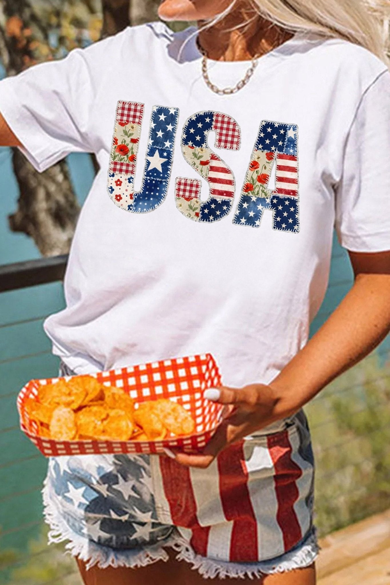 White USA Faux Patchwork Graphic Tee - Loving It Shop