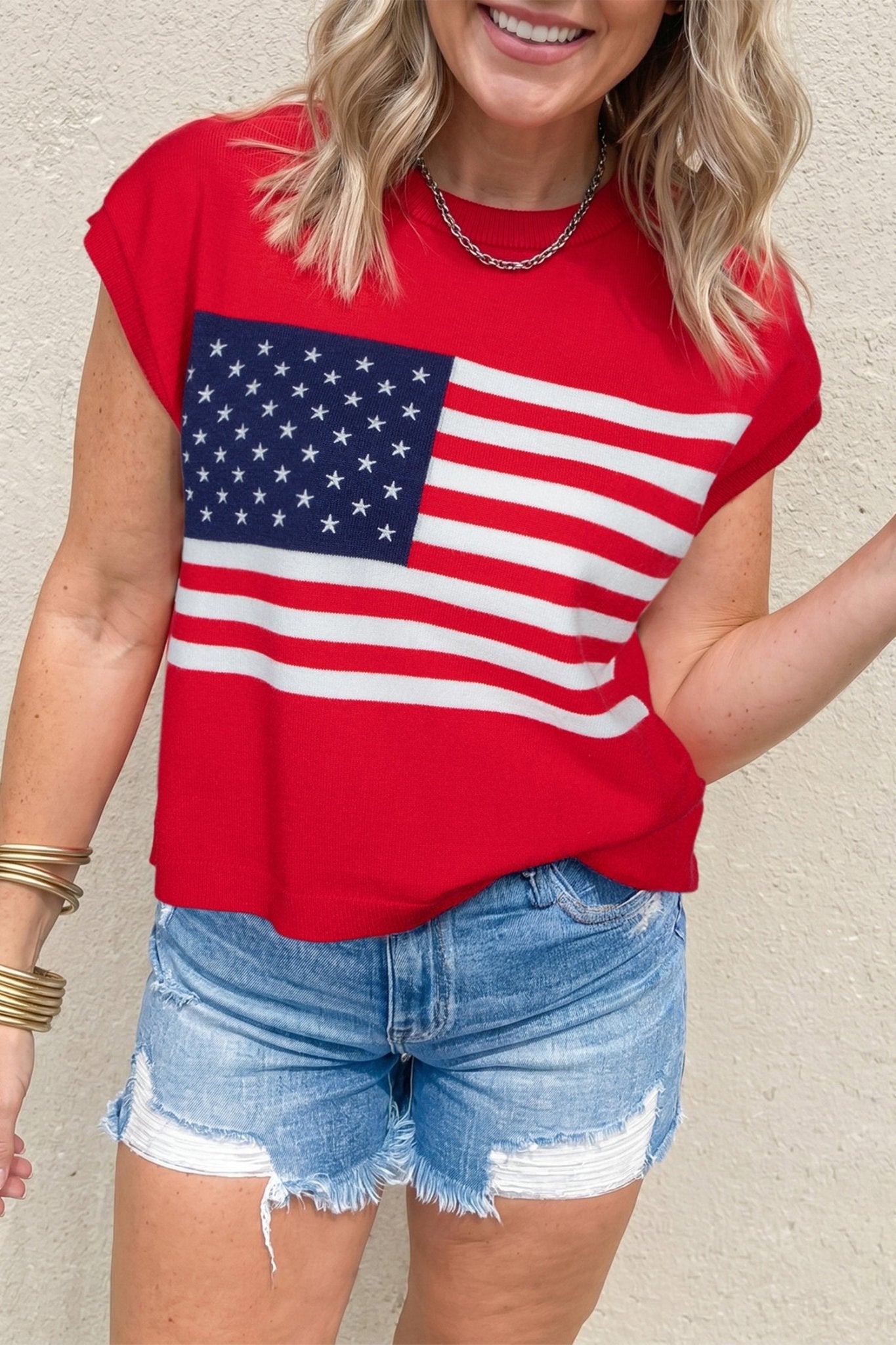 Fiery Red Stars and Stripes Dolman Short Sleeve Sweater - Loving It Shop