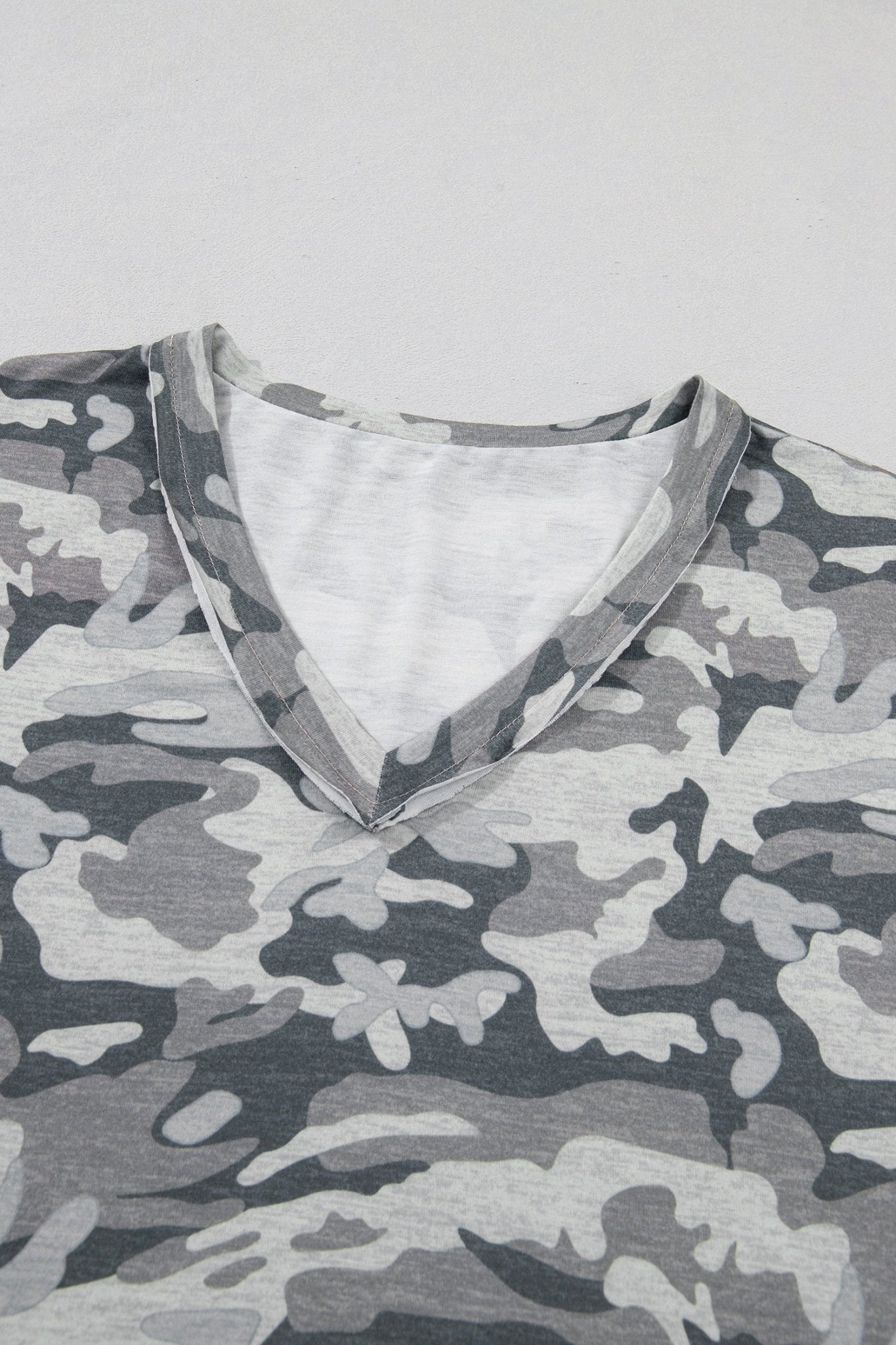 Green Retro Camouflage Print Raw Edge V Neck Tee - Loving It Shop