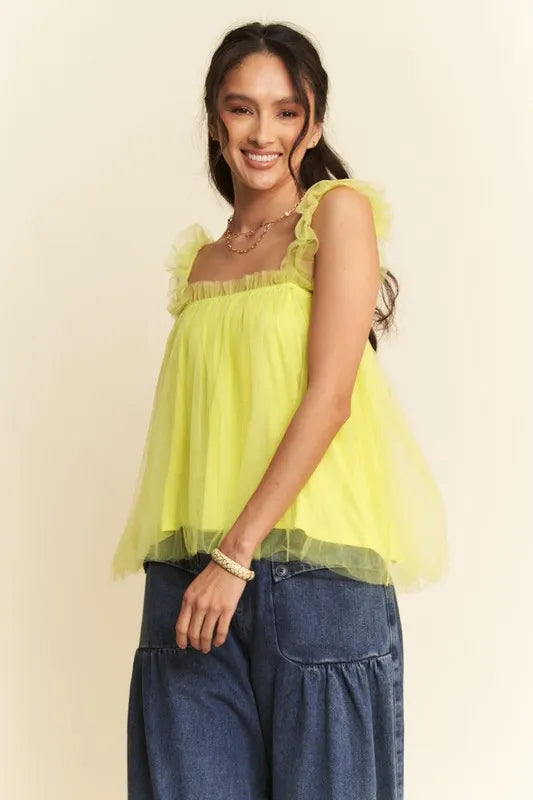 Davi &amp; Dani Shirred Ruffle Strap Tulle Babydoll Top