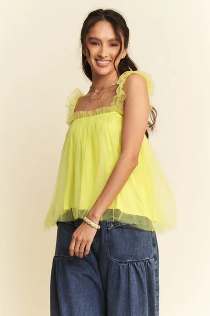 Davi &amp; Dani Shirred Ruffle Strap Tulle Babydoll Top
